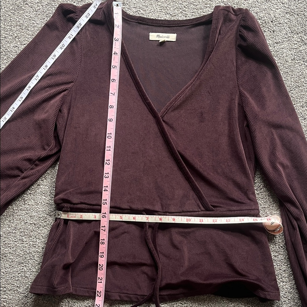 Madewell Wrap Front Long Sleeve Peplum Top in Deep Plum - Picture 8 of 8